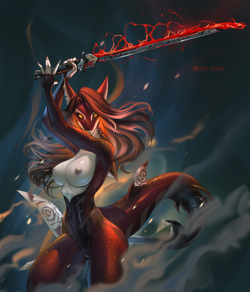 anthro athletic athletic_female breasts dark_hair dust ear_piercing energy_sword female fin fish genitals gherhea gills hands_above_head hi_res holding_object holding_weapon looking_at_viewer marine melee_weapon nipples non-mammal_breasts nude orange_eyes piercing pussy qrichy red_body rose_(kamikazekit) shark smoke solo sparks standing sword weapon wielding_weapon