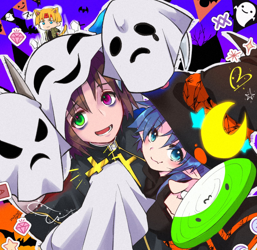 1girl 2boys animal_ears ashton_anchors blue_eyes blue_hair cat_ears cat_tail claude_kenni closed_mouth cross dated ghost_costume halloween hat highres looking_at_viewer mayashtale multiple_boys open_mouth pointy_ears pointy_hat priest rena_lanford short_hair smile star_ocean star_ocean_the_second_story tail witch_hat