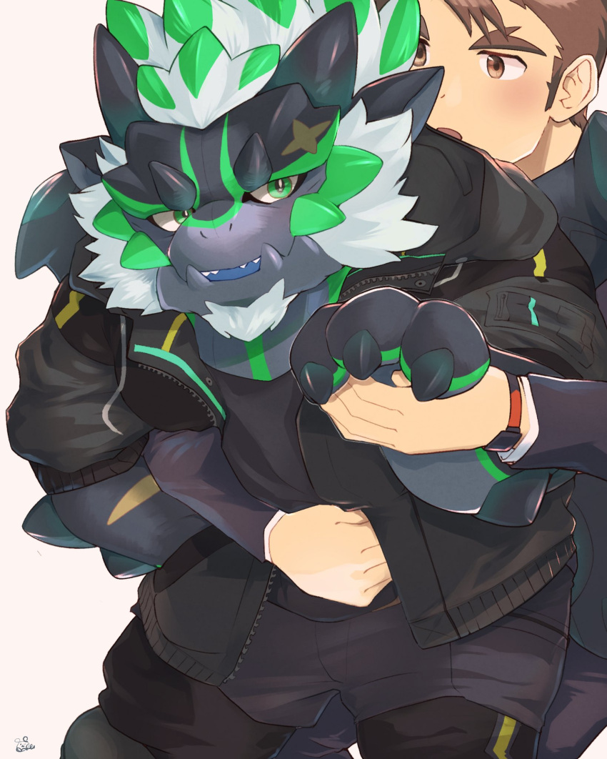 anthro beard black_body black_scales brown_hair carrying_another clock dragon duo facial_hair hair hi_res horn human lifewonders live_a_hero male male_operator mammal phein protagonist_(live_a_hero) sawch_cls scales scar short_stack size_difference watch white_hair