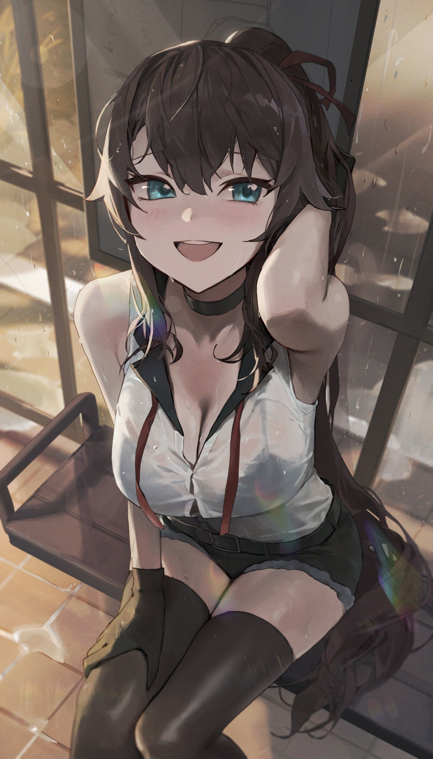 1girl absurdres aqua_eyes arm_behind_head bench black_camisole black_choker black_gloves black_shorts black_thighhighs breasts brown_hair bus_stop camisole choker choppy_bangs cleavage cropped_legs gloves highres large_breasts logknn long_hair looking_at_viewer open_mouth original ponytail route_map see-through shirt short_shorts shorts sidelocks sitting sleeveless sleeveless_shirt thighhighs tile_floor tiles very_long_hair wet wet_clothes wet_hair white_shirt