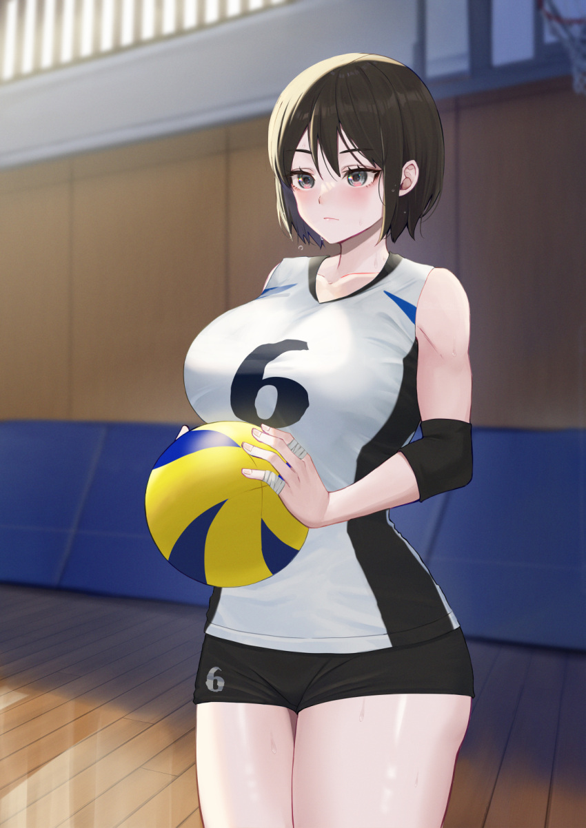 1girl ball bandaged_fingers bandages basketball_hoop black_shorts blurry blurry_background breasts brown_hair collarbone grey_eyes highres holding holding_ball large_breasts original ramachiru shirt short_hair shorts sleeveless sleeveless_shirt solo sportswear sweat volleyball_(object) volleyball_uniform wooden_floor