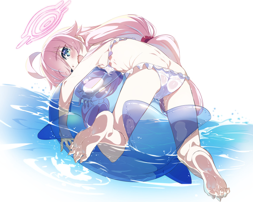 1girl ;d absurdres ahoge ass barefoot bikini blue_archive blue_eyes commentary_request flat_chest from_behind hair_bobbles hair_ornament halo highres hoshino_(blue_archive) hoshino_(swimsuit)_(blue_archive) inflatable_toy inflatable_whale long_hair looking_at_viewer low_twintails niko_(tama) official_alternate_costume one_eye_closed open_mouth partially_submerged pink_hair pink_halo smile soles solo swimsuit twintails wet white_bikini