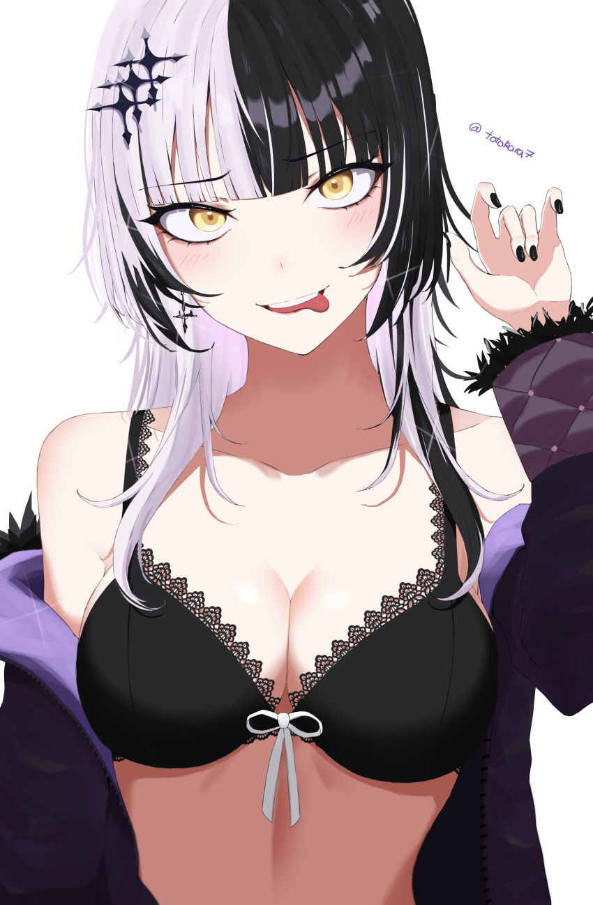 1girl absurdres black_bra black_hair black_nails bra breasts cleavage collarbone fur-trimmed_jacket fur_trim grey_hair hair_ornament highres hololive hololive_english jacket large_breasts long_hair looking_at_viewer medium_hair multicolored_hair off_shoulder open_mouth shiori_novella smile solo split-color_hair tongue tongue_out totokara7 underwear upper_body virtual_youtuber white_background yellow_eyes