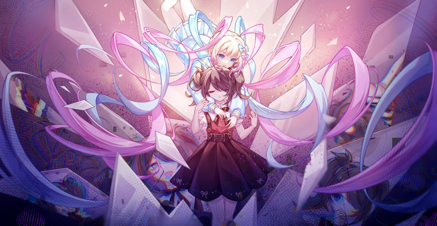 2girls afterimage ame-chan_(needy_girl_overdose) asymmetrical_bangs black_hair blonde_hair blue_bow blue_eyes blue_hair bow chouzetsusaikawa_tenshi-chan closed_eyes commentary facing_viewer hair_bow hair_ornament hair_over_one_eye hairclip highres holographic_clothing hug hug_from_behind iridescent long_hair long_sleeves mibai_yume multiple_girls multiple_hair_bows needy_girl_overdose parted_lips pink_hair pleated_skirt puffy_long_sleeves puffy_sleeves purple_bow quad_tails short_hair sidelocks skirt twintails very_long_hair x_hair_ornament