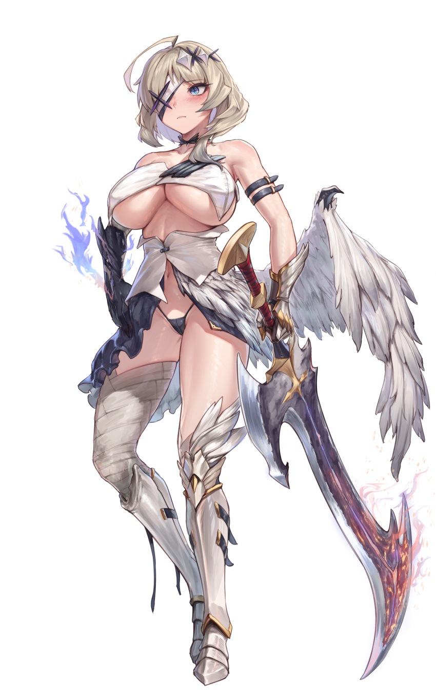 1girl ahoge armor bandage_over_one_eye bare_shoulders blonde_hair blue_eyes blush breasts feathered_wings greaves hair_ornament highres large_breasts long_sleeves low_wings original padoruu panties single_sleeve single_thighhigh solo sword thighhighs underboob underwear weapon wings x_hair_ornament