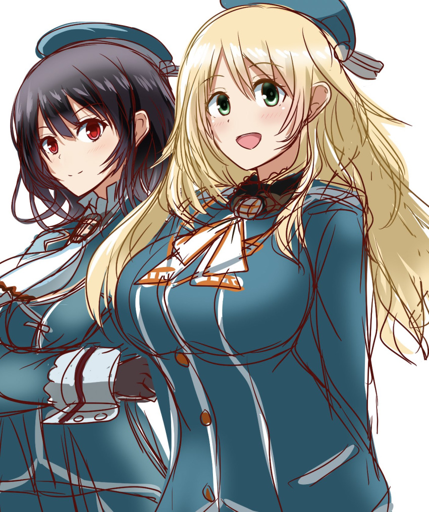 2girls arms_behind_back ascot atago_(kancolle) beret black_hair blonde_hair blue_headwear breasts green_eyes green_jacket hat highres jacket kantai_collection large_breasts long_hair looking_at_viewer military military_uniform multiple_girls red_eyes roko_roko_(doradorazz) short_hair takao_(kancolle) uniform upper_body white_ascot