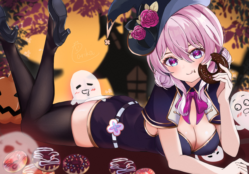 1girl absurdres alternate_breast_size alternate_costume black_footwear black_headwear black_thighhighs blue_eyes blush breasts cleavage commentary_request doughnut eating english_commentary food food_bite food_on_face full_body halloween halloween_costume high_heels highres honkai:_star_rail honkai_(series) large_breasts lying march_7th_(honkai:_star_rail) medium_hair mixed-language_commentary on_stomach parika pink_eyes pink_hair pumps signature solo thighhighs two-tone_eyes zettai_ryouiki