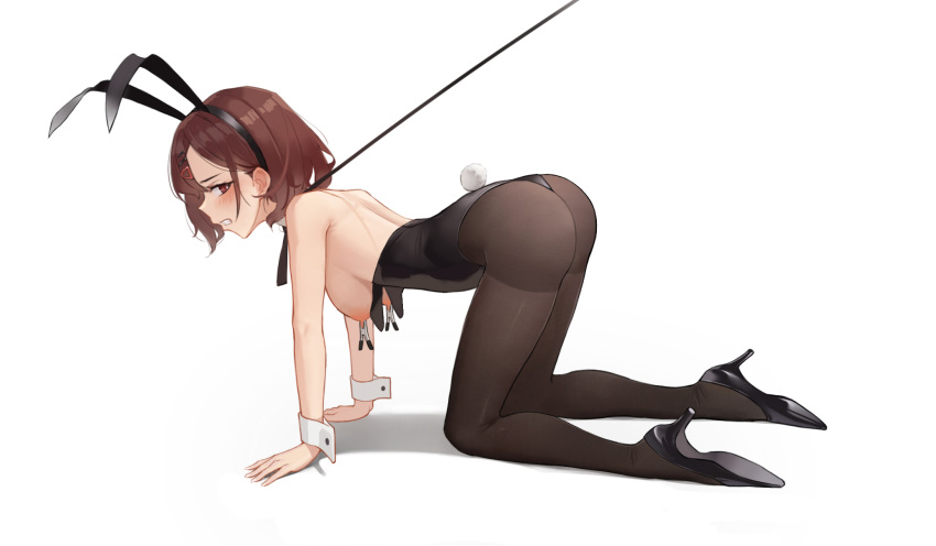 1girl all_fours animal_ears bdsm black_footwear black_leotard black_pantyhose breasts breasts_out brown_eyes brown_hair bubble_(pixiv51545000) chinese_commentary commentary_request fake_animal_ears fake_tail from_side full_body grimace hair_ornament hairclip hanging_breasts high_heels highres higuchi_madoka idolmaster idolmaster_shiny_colors leash leotard looking_at_viewer medium_breasts medium_hair nipple_clamps nipples paid_reward_available pantyhose parted_lips pet_play playboy_bunny pumps rabbit_ears rabbit_tail simple_background solo strapless strapless_leotard tail teeth white_background wrist_cuffs