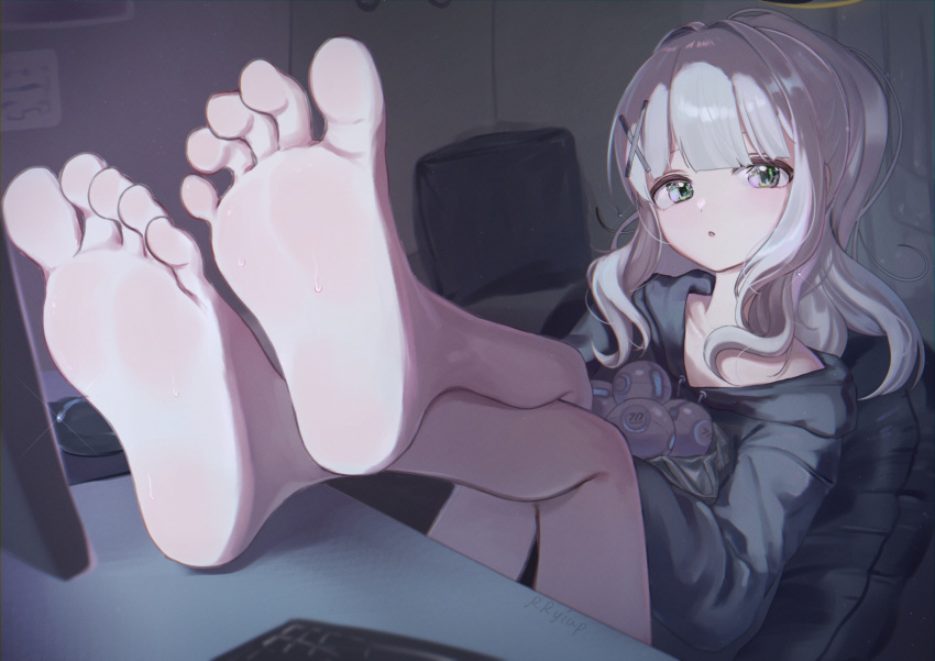 1girl barefoot black_hoodie blue_archive chair green_eyes grey_hair hair_ornament halo hare_(blue_archive) highres hood hoodie keyboard_(computer) long_hair long_sleeves looking_at_viewer parted_lips rryiup signature sitting soles solo toes x_hair_ornament