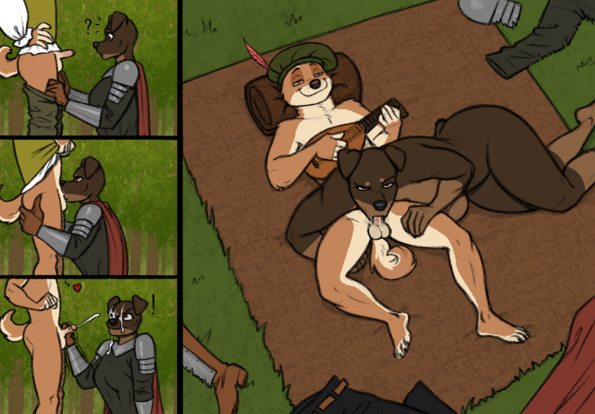 anthro armor balls bard black_nose bodily_fluids breasts brown_blanket brown_body brown_eyes brown_fur brown_nose canid canine canis clothes_on_ground clothing cum cum_from_handjob cum_on_face curled_tail domestic_dog duo ejaculating_on_another ejaculation feathered_hat fellatio female fingerjob forest forest_background fur genital_fluids genitals grass green_clothing green_hat green_headwear handjob hat headgear headwear heart_reaction hi_res holding_lute kostos_art lute lying_sex male male/female mammal mastiff molosser multicolored_body multicolored_fur musical_instrument nature nature_background nub_tail oral outside outside_sex penile penis pink_penis plant playing_lute pleased_expression plucked_string_instrument premature_ejaculation pulling_down_pants rags_(youtuber) red_cape red_feather rottweiler sex shiba_inu small_penis small_penis_pride small_tail smile spitz string_instrument surprise surprised_expression tail tree two_tone_body two_tone_fur undressing warrior