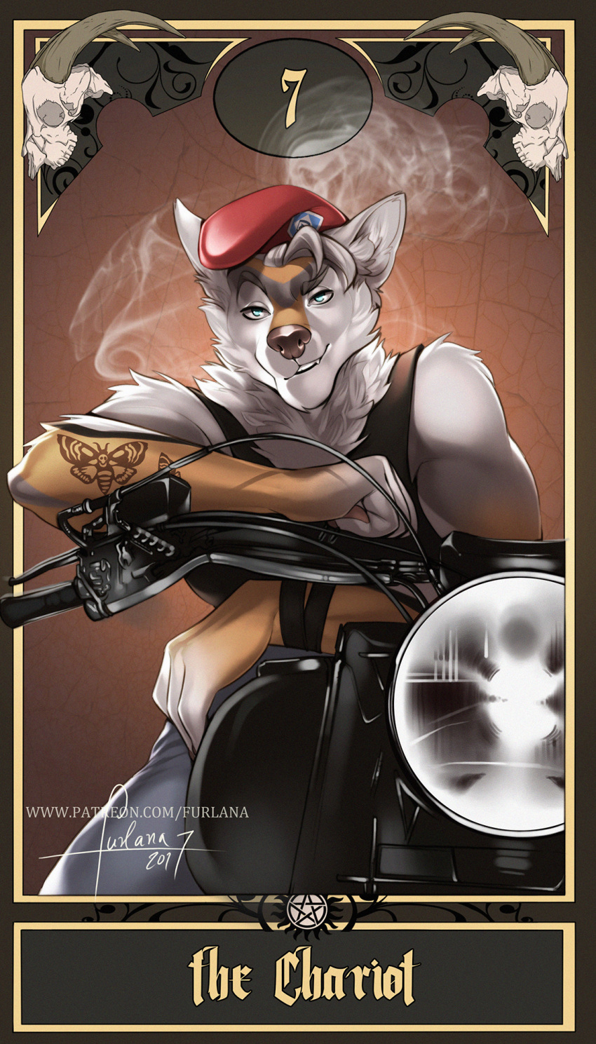 anthro arm_tattoo army beret canid canine canis card clothing coyote furlana hat headgear headwear hi_res howard_moth male mammal motorcycle solo tarot_card tattoo text url vehicle