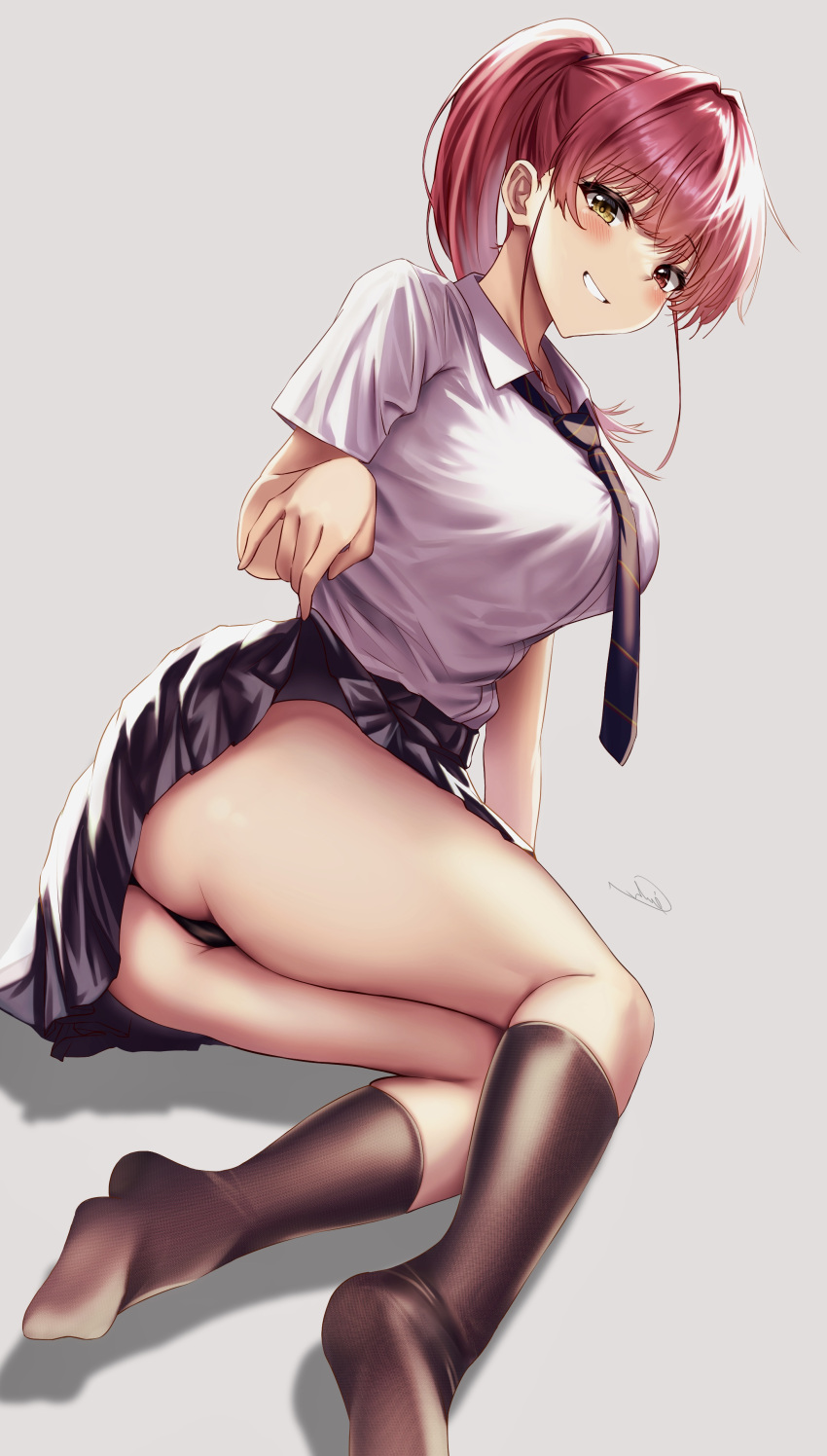 1girl absurdres aria_honmono ass black_skirt black_socks blush breasts clothes_lift collared_shirt heterochromia highres hololive houshou_marine large_breasts lifted_by_self long_hair looking_at_viewer ponytail red_eyes red_hair shirt skirt skirt_lift smile socks solo very_long_hair virtual_youtuber white_shirt yellow_eyes
