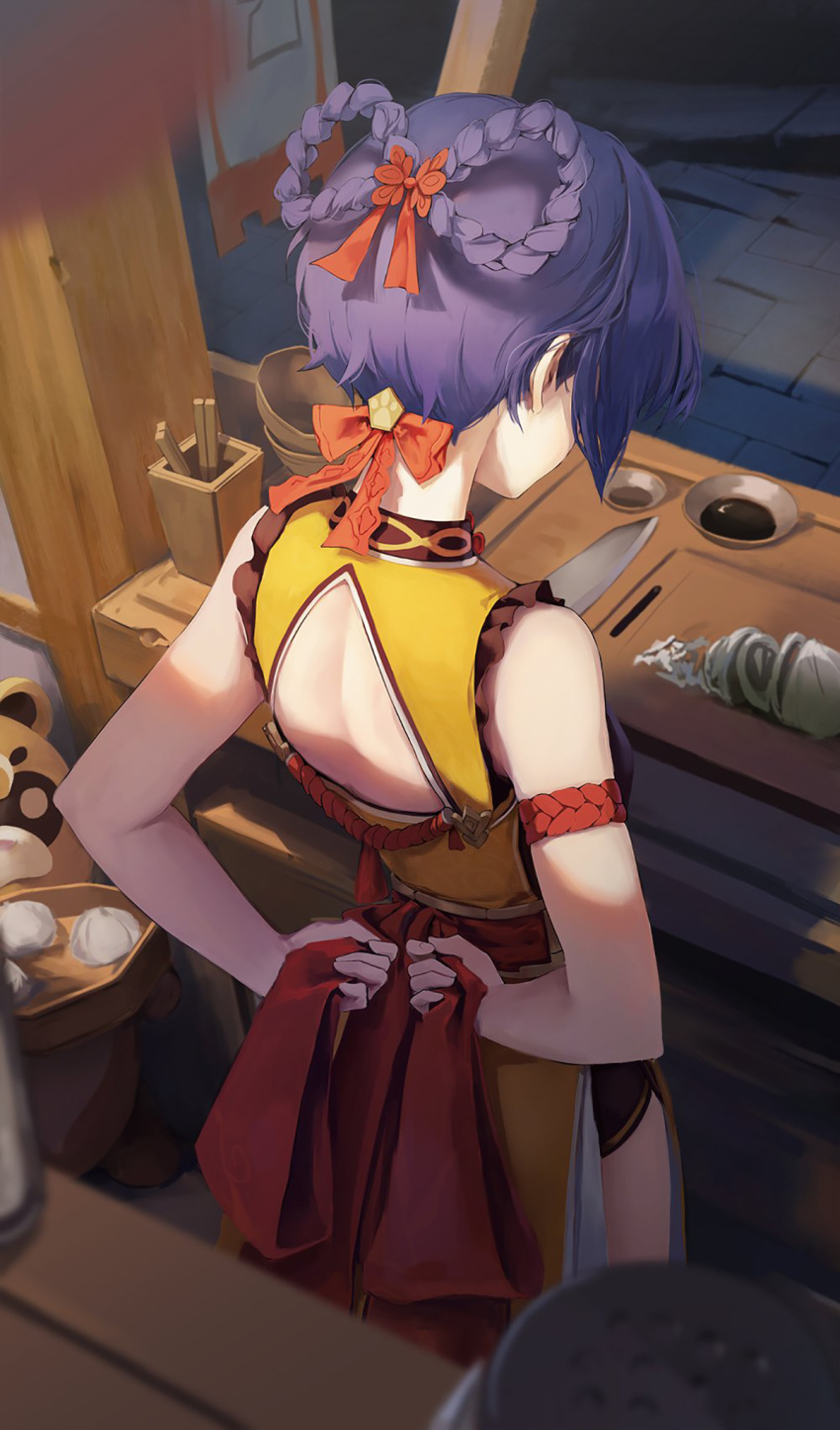 1girl apron arm_strap arms_behind_back back back_cutout back_focus backless_outfit baozi blue_hair blurry bow bowl braid braided_hair_rings chopsticks clothing_cutout cooking counter cutting_board depth_of_field facing_away food frills from_above from_behind genshin_impact guoba_(genshin_impact) hair_rings highres holding holding_plate kitchen kitchen_knife leviathan_(hikinito0902) nape onion paw_print pepper_shaker plate red_apron red_bow salt_shaker sauce shirt short_hair short_shorts shorts sleeveless sleeveless_shirt solo_focus tying_apron xiangling_(genshin_impact)