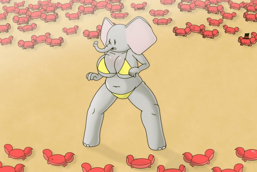 anthro arthropod beach beady_eyes big_breasts big_ears black_eyes breasts chunkiroll_(artist) clothing crab crustacean decapoda elephant elephantid female feral grey_body hi_res huge_breasts loona_(chunkiroll) malacostracan mammal marine navel open_mouth proboscidean proboscis_(anatomy) sand seaside solo swimwear thick_thighs trunk_(anatomy) wide_hips yellow_clothing yellow_swimwear