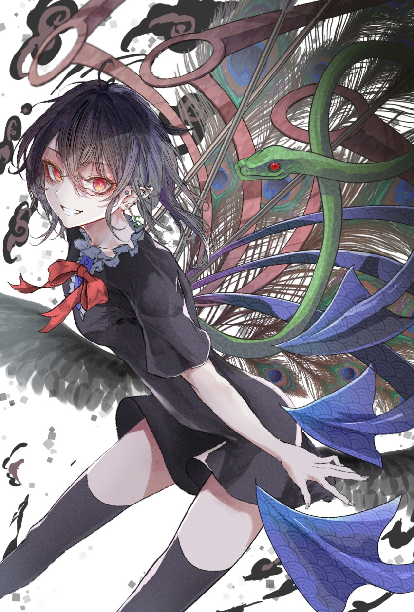 1girl asymmetrical_wings black_dress black_hair black_thighhighs blue_wings breasts commentary_request dress eyelashes feet_out_of_frame hair_between_eyes hegata_(hegatia_lapis) highres houjuu_nue long_hair looking_at_viewer pointy_ears red_eyes red_wings simple_background small_breasts snake solo thighhighs touhou white_background wings
