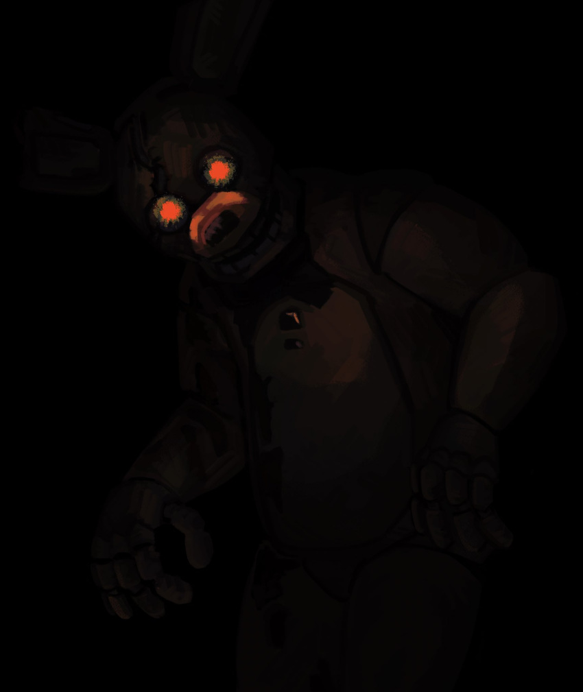 2023 animatronic anthro black_background bow_tie button_(fastener) digital_media_(artwork) five_nights_at_freddy's five_nights_at_freddy's_(film) five_nights_at_freddy's_3 glowing hi_res humanoid hunched_over lagomorph leporid looking_at_viewer looming machine male mammal open_mouth rabbit red_eyes robot scottgames shaded shadowy_figure shockpinkrosary simple_background solo spring_bonnie_(fnaf) springtrap_(fnaf) teeth william_afton_(fnaf)