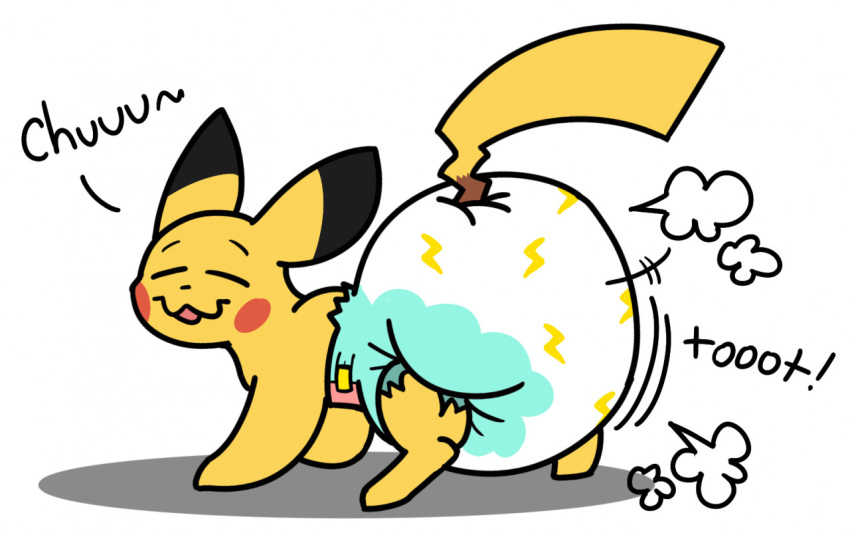 butt clean_diaper clothed clothing diaper diaper_fetish diaper_only digital_media_(artwork) english_text fart feral fur generation_1_pokemon looking_relieved male mammal moon_is_baby nintendo open_mouth pikachu pokemon pokemon_(species) relieved simple_background smile solo tail text topless wearing_diaper yellow_body yellow_fur