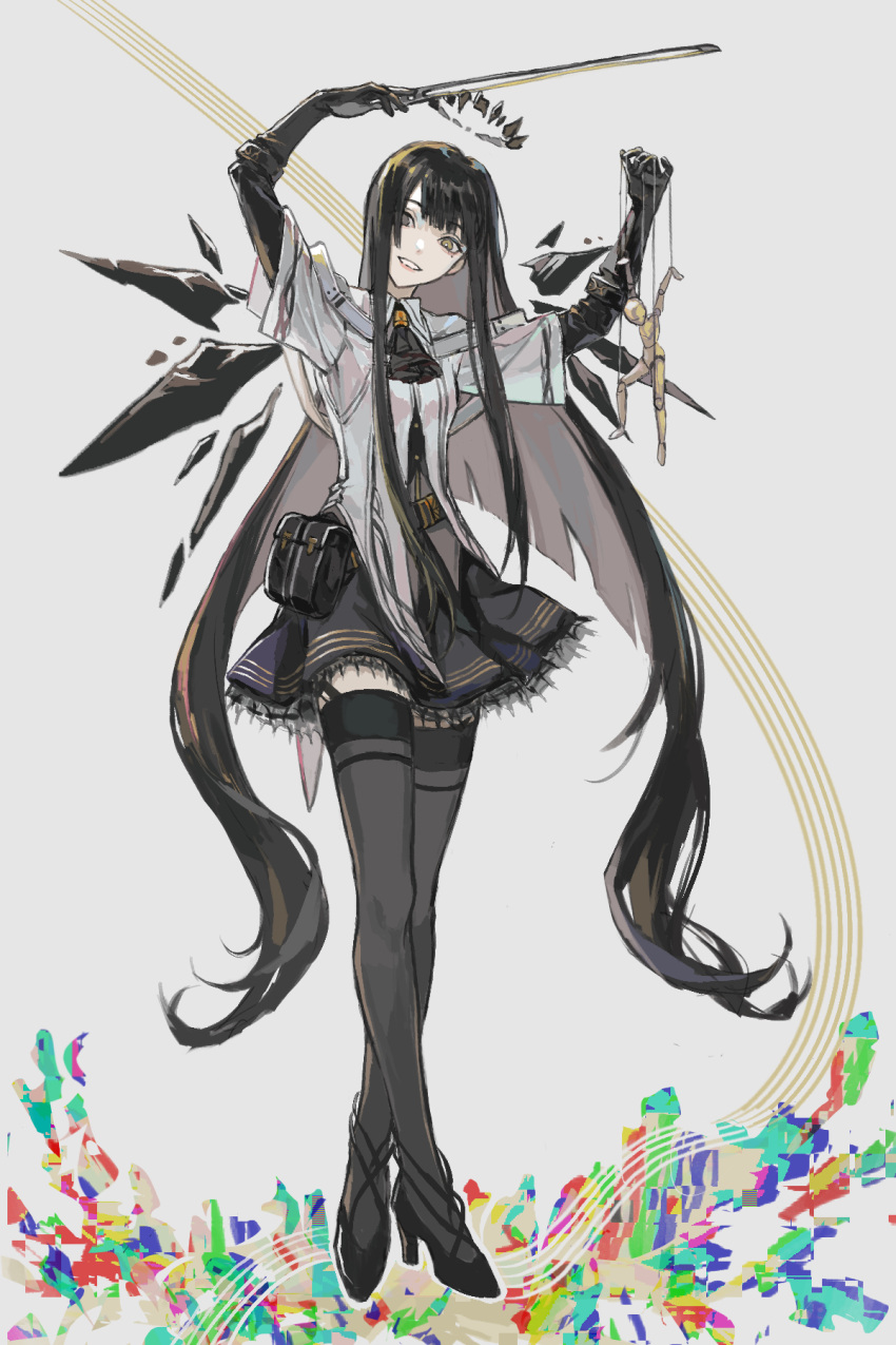 1girl abstract ahoge arknights arms_up ascot belt belt_buckle belt_pouch black_ascot black_belt black_bustier black_footwear black_garter_straps black_gloves black_hair black_halo black_pouch black_skirt black_thighhighs black_wings blueee_(weibo_5695794832) blunt_bangs bow_(music) broken_halo buckle bustier buttons chinese_commentary collared_jacket colored_inner_hair commentary_request crossed_legs dark_halo detached_wings doll dress_shirt energy_wings full_body garter_straps gloves grey_hair grey_shirt halo head_tilt high_heels highres hime_cut holding holding_bow_(music) holding_doll holding_string invisible_floor jacket layered_sleeves lips long_hair long_sleeves looking_at_viewer marionette miniskirt mole mole_under_eye multicolored_hair pale_skin pleated_skirt pouch puppet puppet_strings shirt short_over_long_sleeves short_sleeved_jacket short_sleeves sidelocks simple_background skirt smile solo staff_(music) standing strappy_heels string teeth thighhighs very_long_hair virtuosa_(arknights) white_background white_belt white_jacket wide_sleeves wings zettai_ryouiki