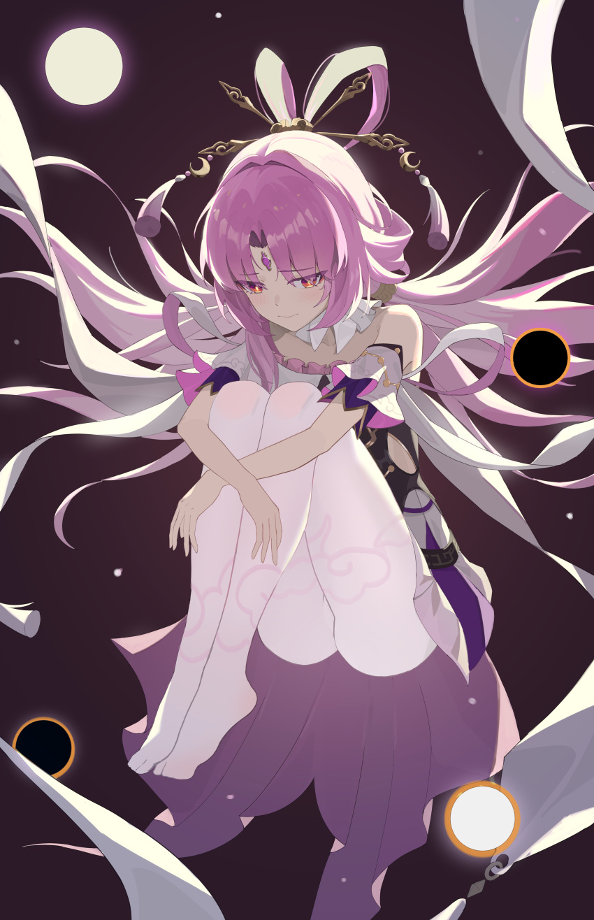 1girl absurdres bare_shoulders bow-shaped_hair cloud_print crescent detached_sleeves floating forehead_jewel fu_xuan_(honkai:_star_rail) hair_ornament hairpin highres honkai:_star_rail honkai_(series) knees_to_chest orb pantyhose pink_hair solo tassel white_pantyhose xiangyu_xiangyu yellow_eyes