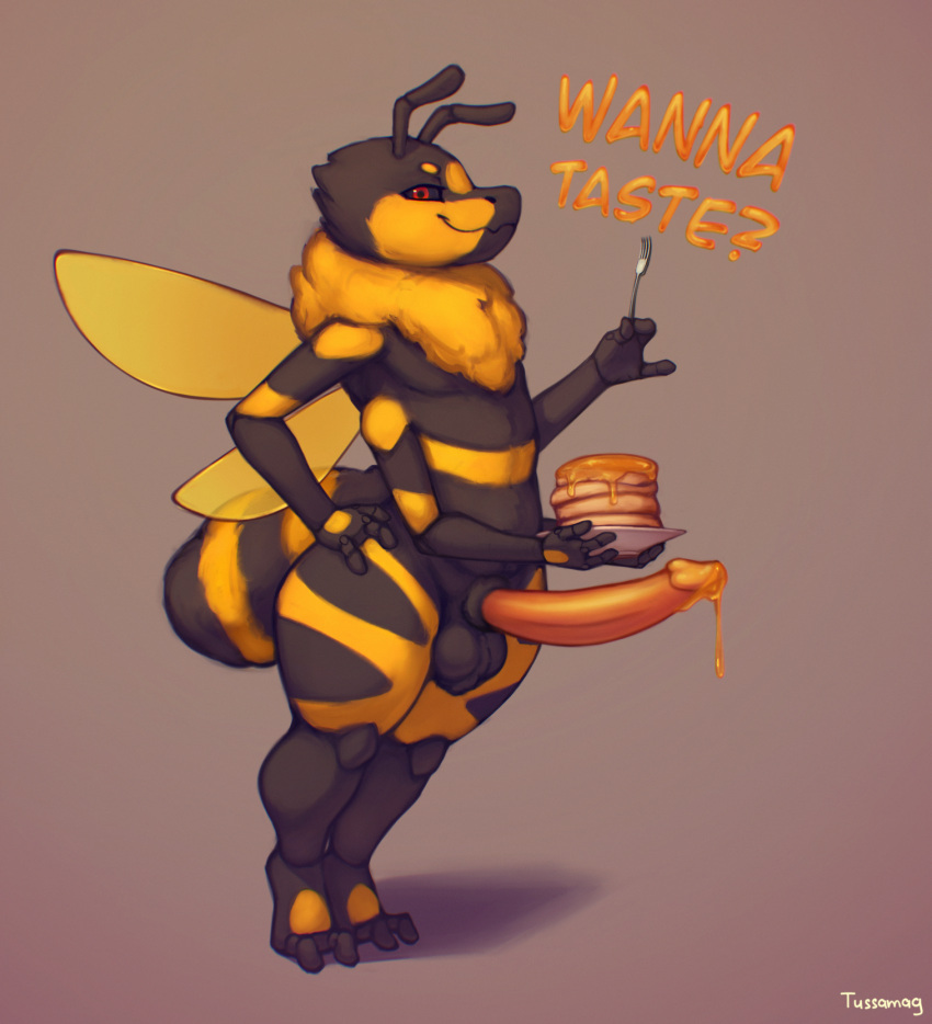 anthro arthropod bee bodily_fluids erection food genitals girly hi_res honey_(food) hymenopteran insect looking_at_viewer male nude pancake penis simple_background smile solo text thick_thighs tussamag wings