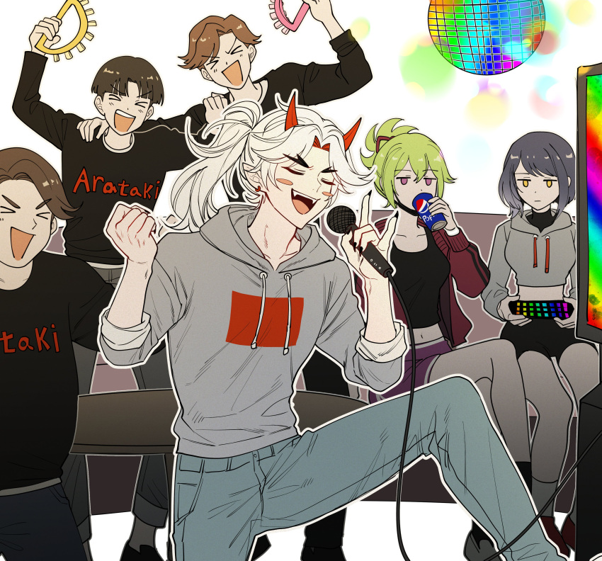 &gt;_&lt; 2girls 4boys absurdres alternate_costume alternate_hairstyle arataki_itto black_hair black_mask black_shorts blush_stickers brown_hair can closed_eyes closed_mouth clothes_writing cropped_hoodie crossed_legs disco_ball genshin_impact highres holding holding_can holding_microphone hood hood_down hoodie jacket karaoke kujou_sara kuki_shinobu long_hair long_sleeves mask mask_pull microphone mouth_mask multicolored_hair multiple_boys multiple_girls open_clothes open_jacket open_mouth pants pepsi pillosopi ponytail red_hair short_hair shorts simple_background soda_can white_background white_hair