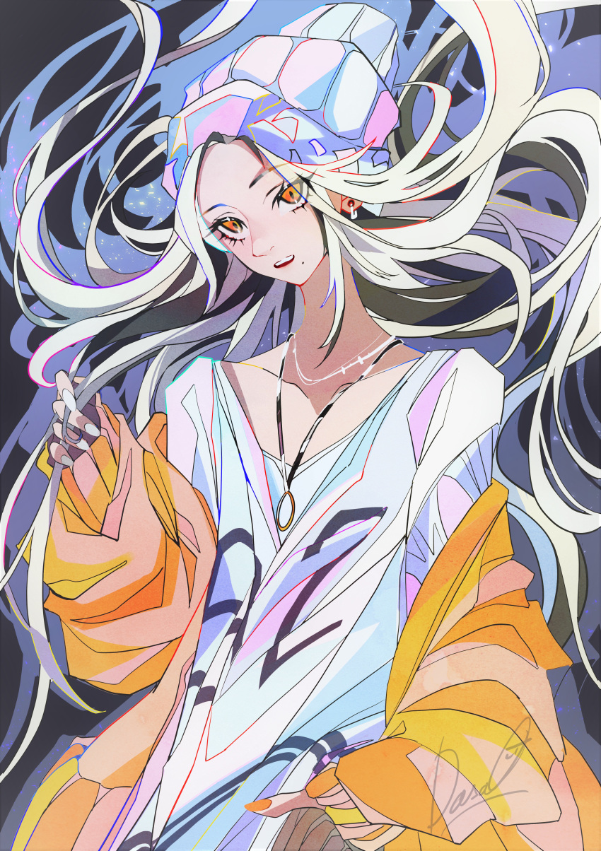 1girl absurdres earrings floating_hair highres jacket jewelry long_hair masadaora mole mole_under_mouth nail_polish necklace orange_nails original parted_lips shirt signature solo upper_body white_nails white_shirt yellow_eyes yellow_jacket yuki_onna