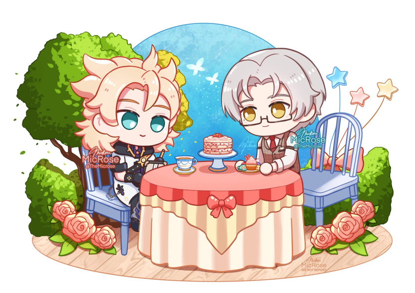 2boys albedo_(genshin_impact) black-framed_eyewear black_pants brown_eyes brown_vest cake chibi closed_mouth collared_shirt commentary company_connection crossover cup cupcake english_commentary flower food genshin_impact grey_hair highres holding jacket male_focus mihoyo mochi_(themicrose) multiple_boys necktie on_chair pants parted_bangs pink_flower pink_rose red_necktie rose saucer semi-rimless_eyewear shirt signature simple_background sitting smile star_(symbol) table tea teacup tears_of_themis tree twitter_username under-rim_eyewear vest vyn_richter_(tears_of_themis) white_background white_jacket white_shirt