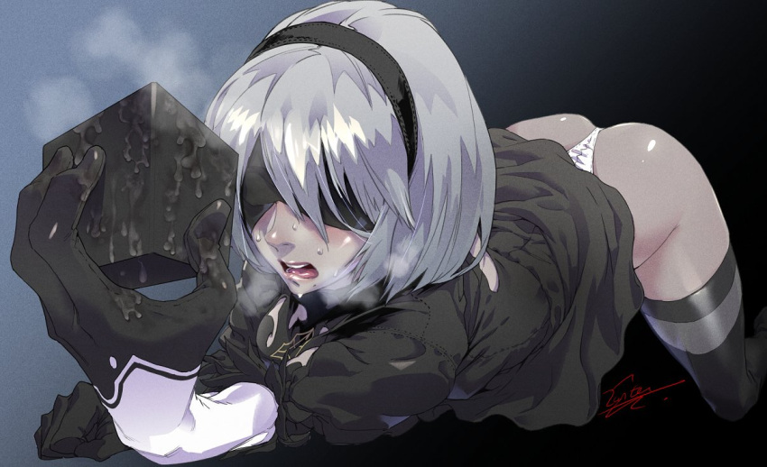 1girl back_cutout black_blindfold black_box black_dress black_gloves black_hairband blindfold boots breasts clothing_cutout covered_eyes dress feather-trimmed_sleeves feather_trim gloves hairband juliet_sleeves leotard long_sleeves medium_breasts mole mole_under_mouth nier:automata nier_(series) puffy_sleeves pussy_juice short_hair signature simple_background solo steaming_body sweat thighhighs thighhighs_under_boots very_sweaty white_hair white_leotard yorha_no._2_type_b zunta