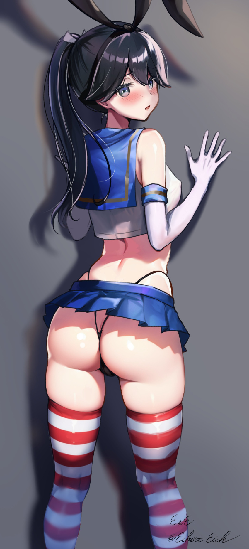 1girl absurdres ass black_hair black_hairband black_panties blue_sailor_collar blue_skirt blush bow_hairband breasts commentary_request cosplay covered_nipples cropped_shirt eckert&amp;eich elbow_gloves from_behind gloves grey_eyes hair_ribbon hairband high_ponytail highleg highleg_panties highres houshou_(kancolle) indoors kantai_collection long_hair looking_at_viewer looking_back medium_breasts microskirt open_mouth panties pantyhose pleated_skirt ponytail ribbon sailor_collar school_uniform serafuku shimakaze_(kancolle) shimakaze_(kancolle)_(cosplay) signature sitting skirt solo striped striped_thighhighs thighhighs thong twitter_username underwear white_gloves white_pantyhose white_ribbon wide_sleeves