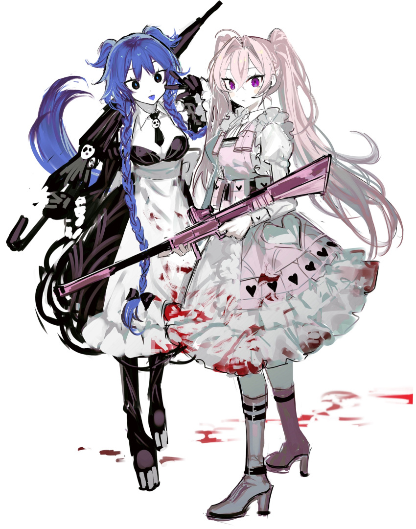 2girls adapted_costume army_in_black black_dress black_eyes black_footwear black_necktie blue_eyes blue_pupils blue_tongue boots braid breasts bulletproof_vest cleavage colored_skin colored_tongue dress e.g.o_(project_moon) earpiece employee_(lobotomy_corporation) expressionless frilled_sleeves frilled_vest frills full_body gun hair_intakes headset high_heel_boots high_heels highres holding holding_gun holding_umbrella holding_weapon juliet_sleeves lobotomy_corporation long_hair long_sleeves looking_at_viewer maid mountain_of_smiling_bodies multiple_girls necktie original pink_footwear pink_hair pink_socks pink_vest platform_boots platform_footwear project_moon puffy_sleeves purple_eyes remsrar rifle short_necktie socks tongue tongue_out twin_braids two_side_up umbrella very_long_hair vest w weapon white_dress white_skin