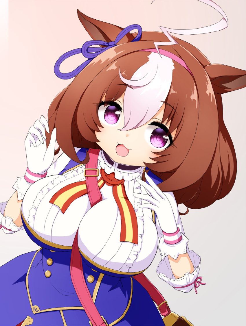 1girl :d @_@ ahoge animal_ears bag between_breasts blue_skirt breasts brown_background brown_hair center_frills chibi dutch_angle frills gloves hairband hands_up highres horse_ears kuena large_breasts long_sleeves looking_at_viewer meisho_doto_(umamusume) multicolored_hair pink_hairband shirt shoulder_bag simple_background skirt smile solo strap_between_breasts two-tone_hair umamusume white_background white_gloves white_hair white_shirt