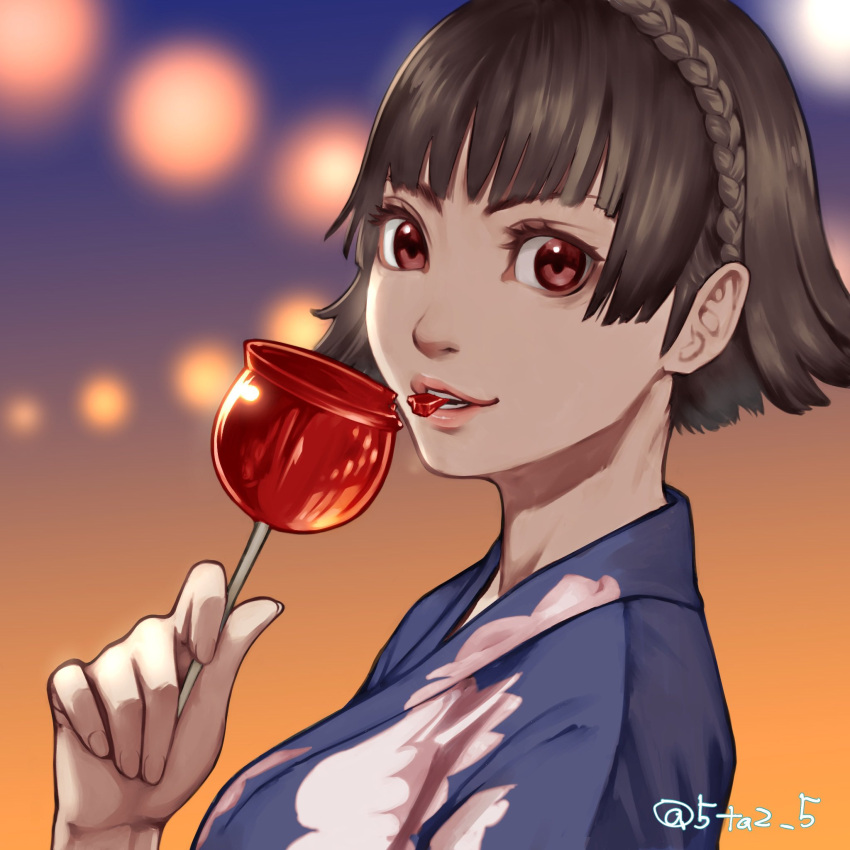 1girl 5tatsu blunt_bangs blurry blurry_background braid breasts brown_hair caramel crown_braid eating floral_print highres japanese_clothes kimono lips looking_at_viewer medium_breasts niijima_makoto parted_lips persona persona_5 red_eyes short_hair solo twitter_username upper_body