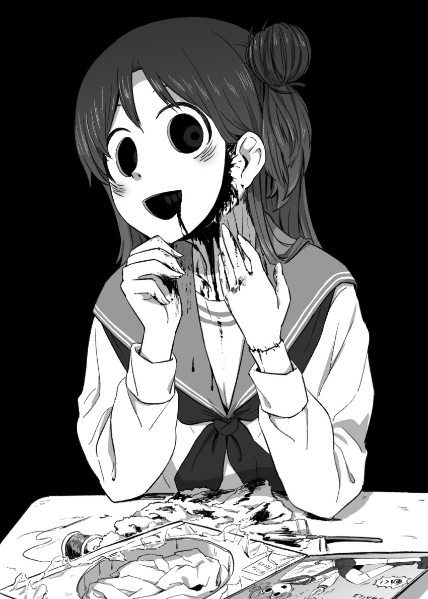 1girl 4shi black_background commentary_request dango-chan_(4shi) desk drooling elbows_on_table greyscale hair_bun hand_up hands_up highres holding holding_mask knee_up liquid long_hair long_sleeves looking_at_viewer mask monochrome monster_girl necktie needle no_humans open_mouth original package pleated_skirt sailor_collar school_uniform shoes skirt spool stitches teeth thread thumbs_up tissue translation_request