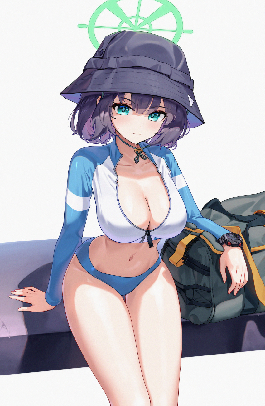 1girl absurdres arm_support bag bikini black_hair black_headwear blue_archive blue_bikini breasts cleavage closed_mouth collarbone commentary green_eyes green_halo grey_background halo hat highres large_breasts looking_at_viewer navel official_alternate_costume rivet_(vvrn2825) saki_(blue_archive) saki_(swimsuit)_(blue_archive) short_hair simple_background sitting smile solo swimsuit thighs watch