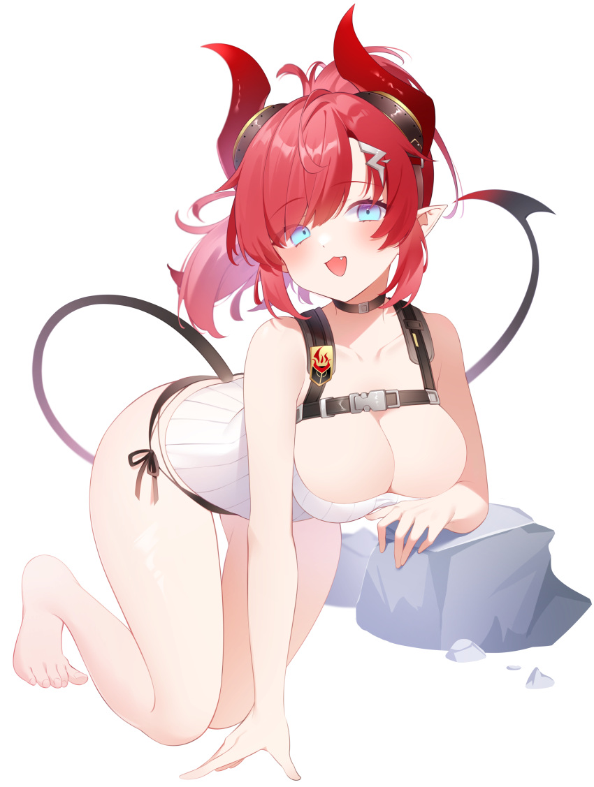 1girl :3 :d absurdres aoitsuki arm_support barefoot black_choker black_panties black_tail blue_archive blue_eyes breast_rest breasts choker cleavage commentary demon_horns demon_tail elbow_rest emblem fang goggles goggles_on_head gradient_tail hair_ornament highres horns kneeling large_breasts leaning_forward looking_at_viewer medium_hair megu_(blue_archive) open_mouth panties pointy_ears ponytail red_hair red_horns red_tail rock side-tie_panties sidelocks smile solo tail tank_top underwear underwear_only white_tank_top