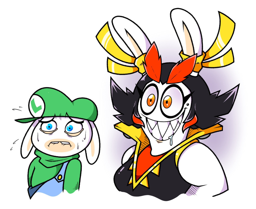 anthro black_hair black_pupils blue_eyes bodily_fluids breasts clothing crossover drooling duo female hair hat headgear headwear hi_res kanya_(mario_plus_rabbids) lagomorph leporid male mammal mario_bros mario_plus_rabbids_kingdom_battle markings mole_(marking) nintendo orange_eyes overalls pupils rabbid rabbid_luigi rabbit raving_rabbids rayman_(series) redphlannel saliva scared sharp_teeth shirt smile teeth topwear ubisoft white_body