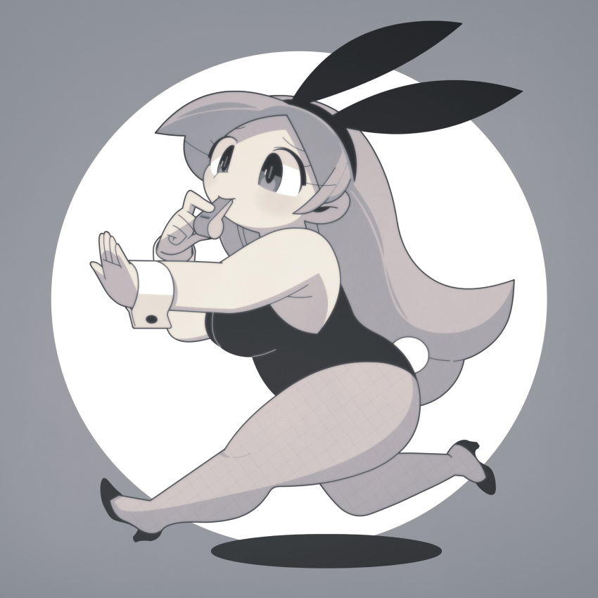 1girl animal_ears black_footwear black_hairband black_leotard blowing_whistle border from_side grey_background grey_pantyhose greyscale hairband high_heels highres holding holding_whistle k223go leotard long_hair monochrome original outside_border pantyhose playboy_bunny rabbit_ears rabbit_tail running shadow simple_background solo spotlight strapless strapless_leotard tail whistle white_background wrist_cuffs