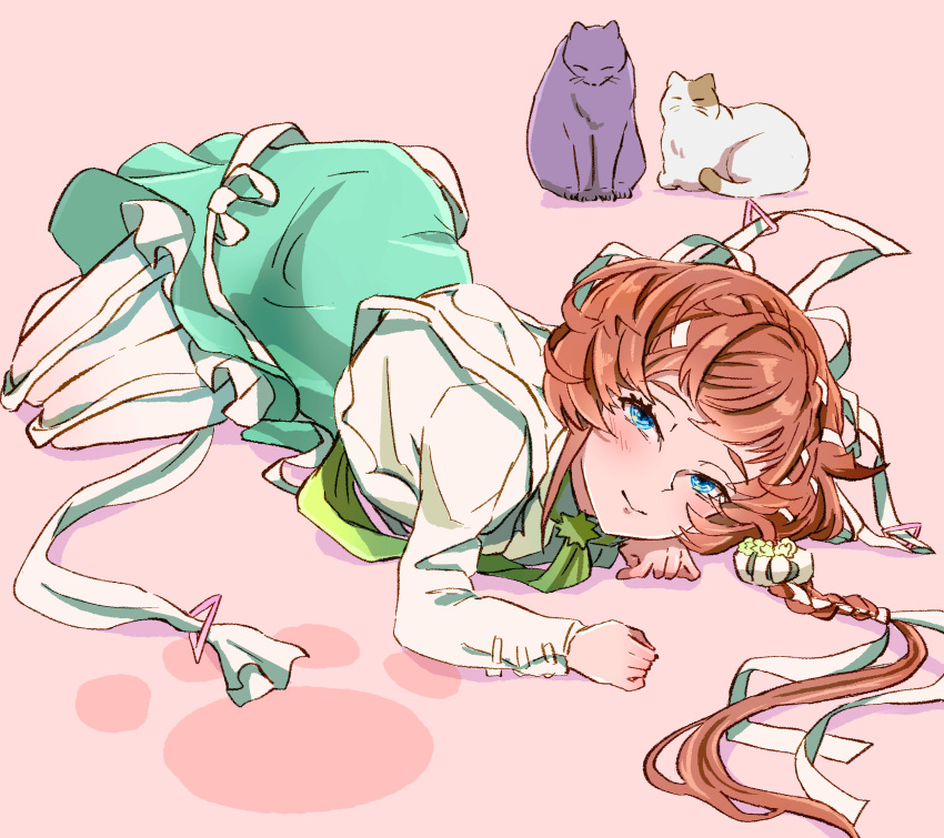 1girl blue_eyes braid cat closed_mouth crown_braid fate/grand_order fate_(series) green_skirt highres long_hair long_sleeves looking_at_viewer lying on_stomach orange_hair pantyhose paw_print pink_background purple_cat shimogamo_(shimomo_12) shirt skirt smile van_gogh_(fate) white_cat white_pantyhose white_shirt