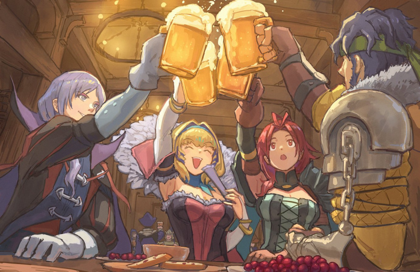 2boys 2girls alcohol balthus_von_albrecht bandana beer beer_mug blonde_hair bread breasts closed_eyes constance_von_nuvelle corset cup fire_emblem fire_emblem:_three_houses fire_emblem_warriors:_three_hopes food fruit grapes green_bandana green_little hapi_(fire_emblem) indoors large_breasts long_hair medium_hair mug multicolored_hair multiple_boys multiple_girls official_alternate_costume open_mouth purple_eyes purple_hair red_eyes red_hair tavern two-tone_hair yuri_leclerc