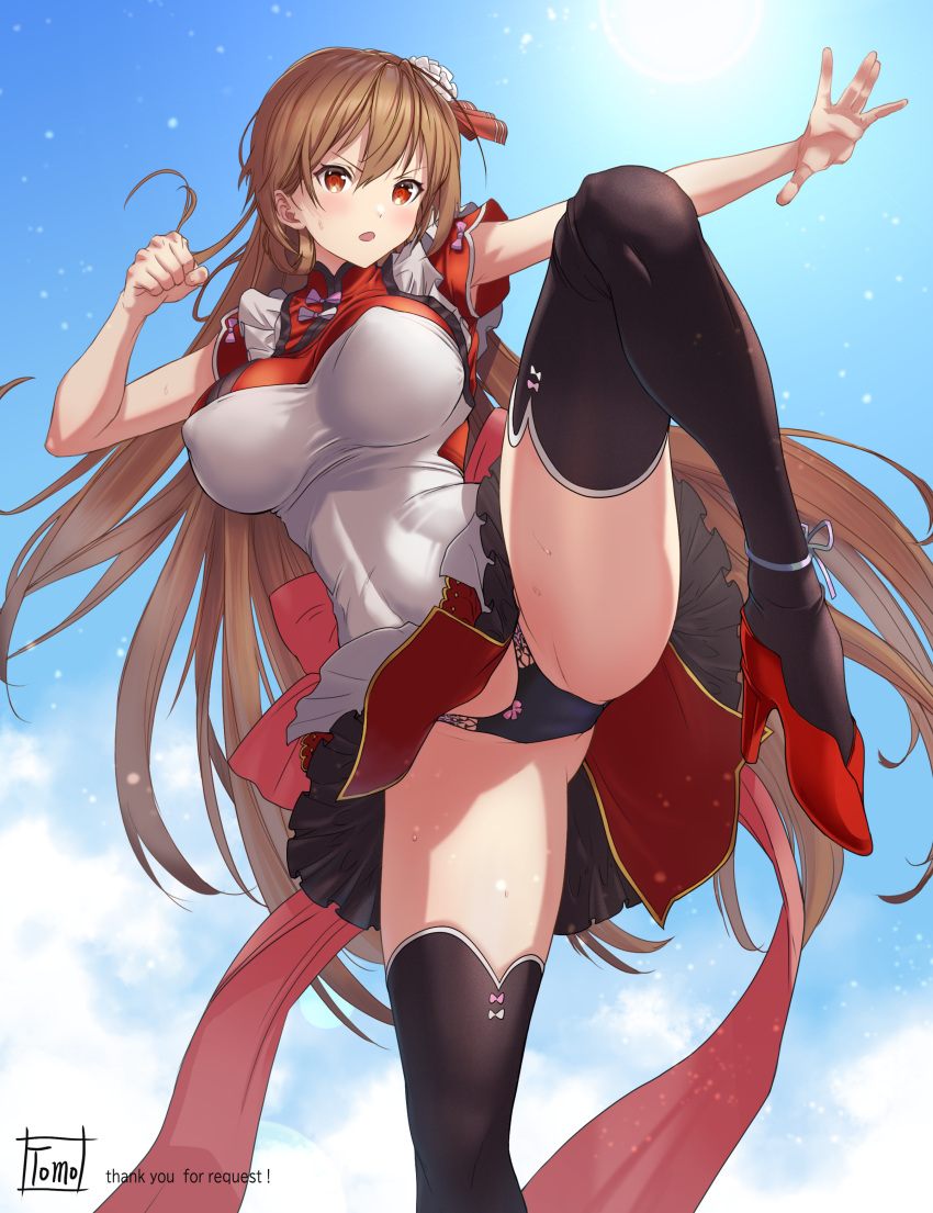 1girl abs absurdres artist_name black_panties blue_sky breasts brown_eyes brown_hair chengdu_(oshiro_project) chinese_clothes commission cowboy_shot fighting_stance high_heels highres kung_fu long_hair miniskirt oshiro_project_re panties puffy_short_sleeves puffy_sleeves red_footwear short_sleeves skeb_commission skirt sky solo standing standing_on_one_leg thighs tomo_eokaiteru underwear