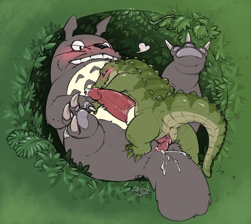 alligator alligatorid anal benji_(artist) benji_alligator_(benji) blush bodily_fluids braces crocodilian cum cum_in_ass cum_inside duo from_front_position genital_fluids ghibli hi_res larger_bottom lying male male/male mammal missionary_position my_neighbor_totoro on_back reptile scalie semi-anthro sex sharp_teeth smile teeth totoro whiskers