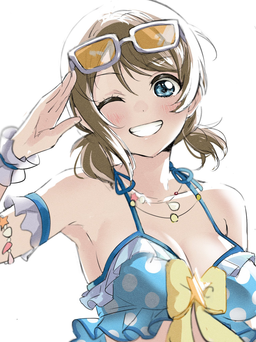 1girl bikini blue_eyes blush bow breasts collarbone eyewear_on_head frilled_bikini frills hanamaruyama628 highres jewelry looking_at_viewer love_live! love_live!_sunshine!! low_twintails medium_breasts necklace one_eye_closed orange-tinted_eyewear polka_dot polka_dot_bikini salute short_hair smile solo star_(symbol) sunglasses swimsuit tinted_eyewear twintails watanabe_you yellow_bow