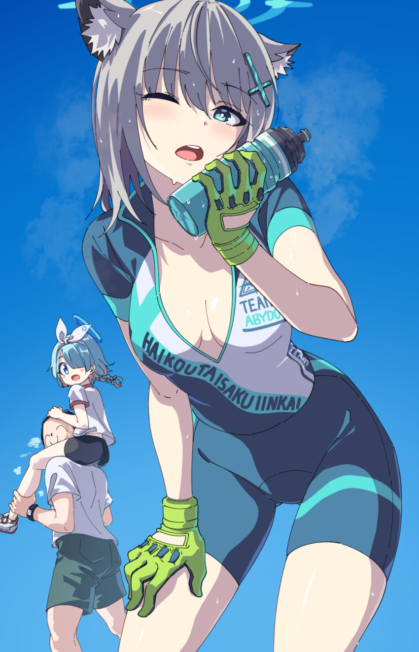 1boy 2girls ;o animal_ear_fluff animal_ears aqua_eyes aqua_hair arm_support arona's_sensei_doodle_(blue_archive) arona_(blue_archive) bent_over bike_jersey bike_shorts blue_archive blue_background blue_eyes bottle braid breasts carrying cleavage colored_inner_hair commentary_request cross_hair_ornament grey_hair gym_shirt gym_uniform hair_between_eyes hair_ornament hair_over_one_eye hairband halo head_tilt highres holding holding_bottle looking_at_another looking_at_viewer medium_hair momomatang multicolored_hair multiple_girls nervous_sweating official_alternate_costume one_eye_closed sensei_(blue_archive) shiroko_(blue_archive) shiroko_(cycling)_(blue_archive) shirt short_hair short_sleeves shoulder_carry sidelocks simple_background single_braid solo_focus sweat two-tone_gloves two-tone_hair water_bottle wolf_ears wolf_girl