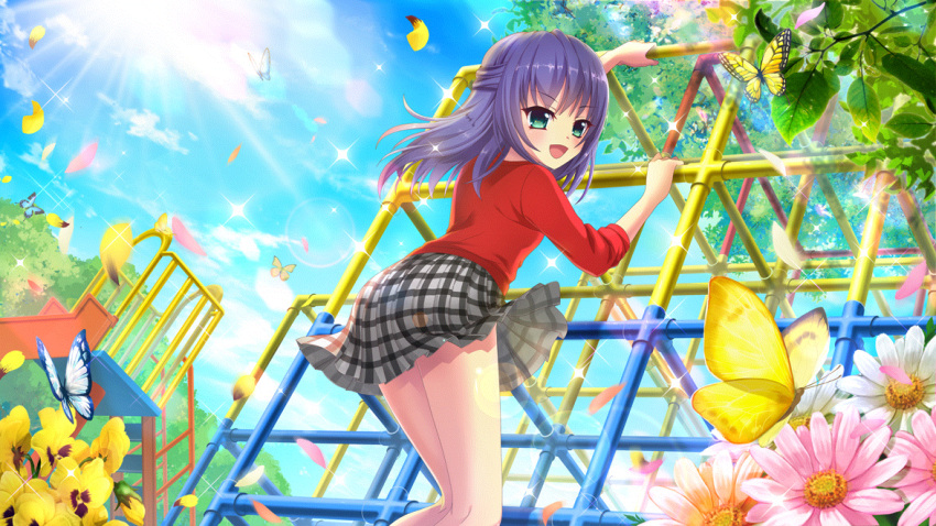 1girl aqua_eyes ass blue_butterfly blue_hair blue_sky bug butterfly climbing daisy day dot_nose film_grain flower from_below game_cg grey_skirt honjou_kasumi izumi_tsubasu jungle_gym leaf legs looking_at_viewer looking_back medium_hair miniskirt non-circular_lens_flare non-web_source official_art open_mouth pansy pink_flower plaid plaid_skirt playground re:stage! red_shirt shirt skirt sky slide smile solo sparkle sun tree white_flower wind yellow_butterfly yellow_flower