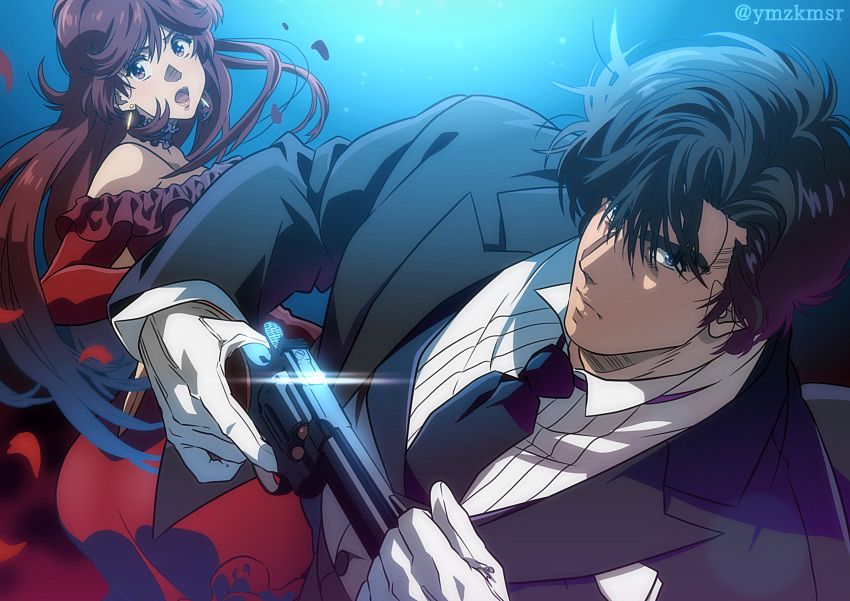 1boy 1girl absurdres black_jacket blue_background brown_hair city_hunter closed_mouth collar collared_shirt commentary_request dangle_earrings dress earrings formal frown gloves gun handgun highres holding holding_gun holding_weapon jacket jewelry long_hair looking_at_viewer makimura_kaori open_mouth red_dress revolver saeba_ryou shirt suit_jacket twitter_username weapon white_gloves white_shirt yuu_(masarunomori)