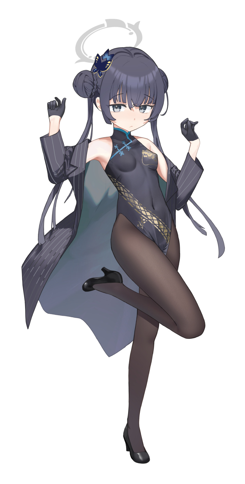 1girl black_dress black_footwear black_gloves black_hair black_pantyhose blue_archive breasts butterfly_hair_ornament china_dress chinese_clothes coat covered_navel double_bun dragon_print dress fuenyuan full_body gloves grey_coat grey_eyes grey_halo hair_bun hair_ornament halo high_heels highres kisaki_(blue_archive) long_hair long_sleeves pantyhose pelvic_curtain simple_background sleeveless sleeveless_dress small_breasts solo striped striped_coat twintails vertical-striped_coat vertical_stripes white_background