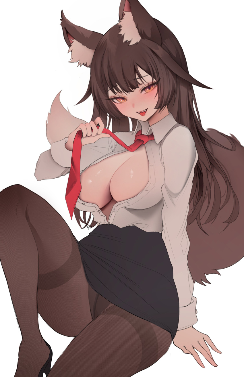 1girl absurdres animal_ear_fluff animal_ears black_footwear black_pantyhose black_skirt breasts brown_hair center_opening commentary fox_ears fox_girl fox_tail high_heels highres holding_necktie invisible_chair long_hair medium_breasts necktie open_clothes open_shirt original pantyhose partially_unbuttoned pencil_skirt red_necktie shirt simple_background sitting skirt solo symbol-only_commentary tail tongue tongue_out unbuttoned unbuttoned_shirt white_background white_shirt yellow_eyes zerocat