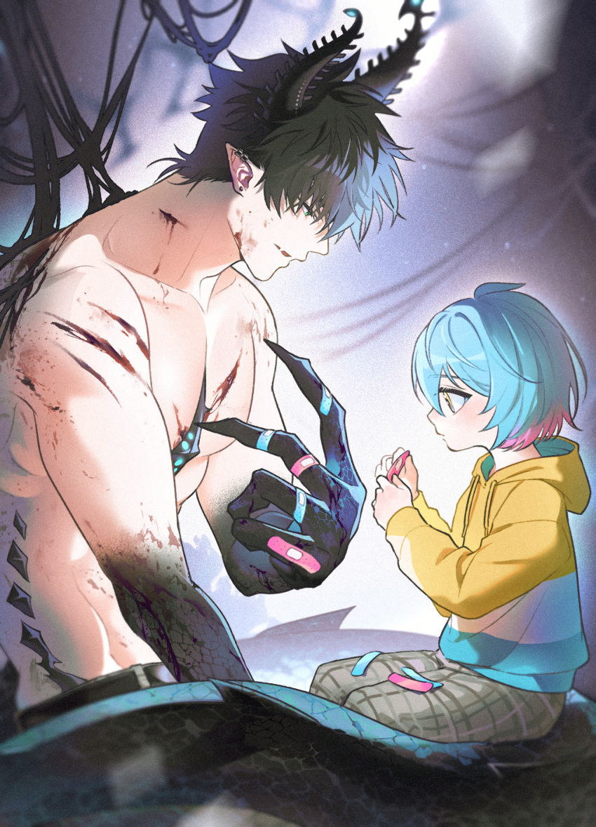 2boys aged_down bandaid bandaid_on_hand black_hair black_horns black_skin bleeding blood blood_on_face blood_on_hands blue_hair blue_hoodie blurry blurry_background blush child closed_mouth collarbone colored_skin commentary drawstring ear_piercing earrings green_eyes grey_pants hair_between_eyes hand_up hands_up highres holding holding_bandaid hood hood_down hoodie horns jewelry kyo_kaneko long_sleeves male_focus multicolored_clothes multicolored_hair multicolored_hoodie multicolored_skin multiple_boys nijisanji nijisanji_en open_mouth pants pectorals piercing pink_hair plaid plaid_pants pointy_ears profile ren_zotto scales scratches short_hair sitting stud_earrings tail uneven_horns virtual_youtuber white_hoodie yellow_eyes yellow_hoodie yuyuwu