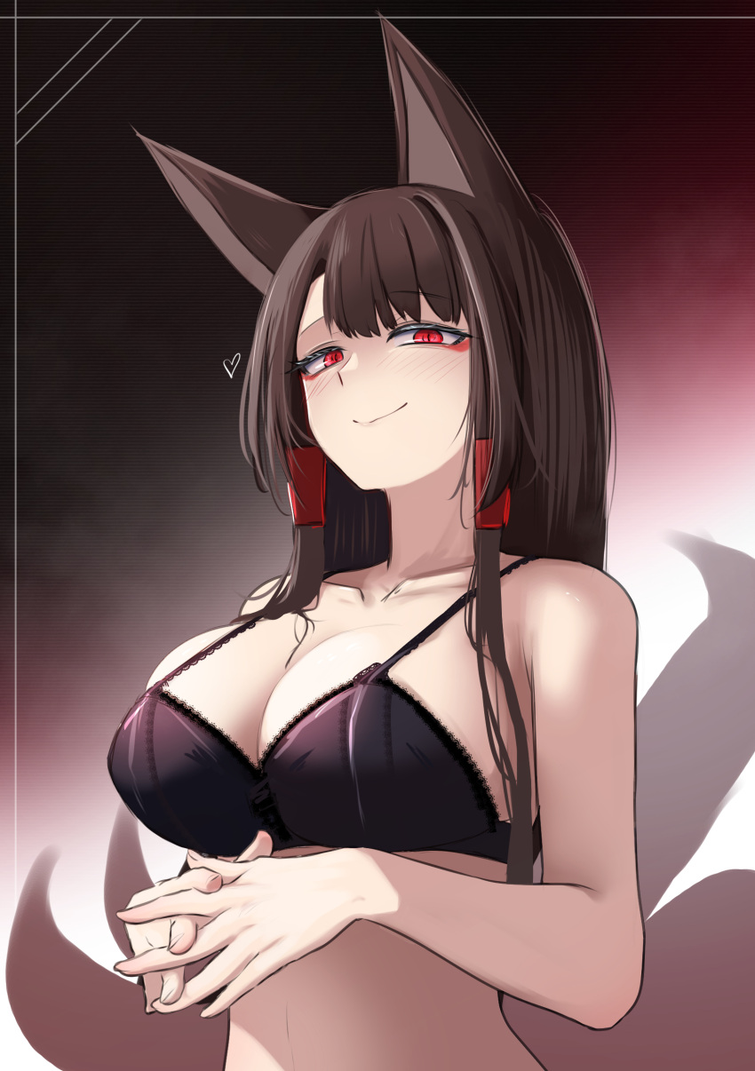 1girl absurdres akagi_(azur_lane) akaoni_(zumt3548) animal_ears azur_lane black_bra bra breasts brown_tail collarbone eyeliner eyeshadow fox_ears fox_girl fox_tail heart highres interlocked_fingers kitsune kyuubi large_breasts long_hair makeup multiple_tails own_hands_together red_eyes smile tail underwear upper_body