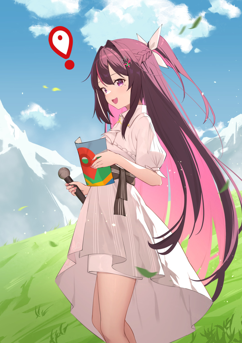 1girl absurdres azki_(hololive) braid collared_dress colored_inner_hair day dress geoguessr grass hair_intakes hair_ornament hairpin highres holding holding_map hololive long_hair looking_at_viewer map microphone mole mole_under_eye multicolored_hair oeyama open_mouth outdoors pin pink_hair ponytail purple_eyes smile solo virtual_youtuber white_dress